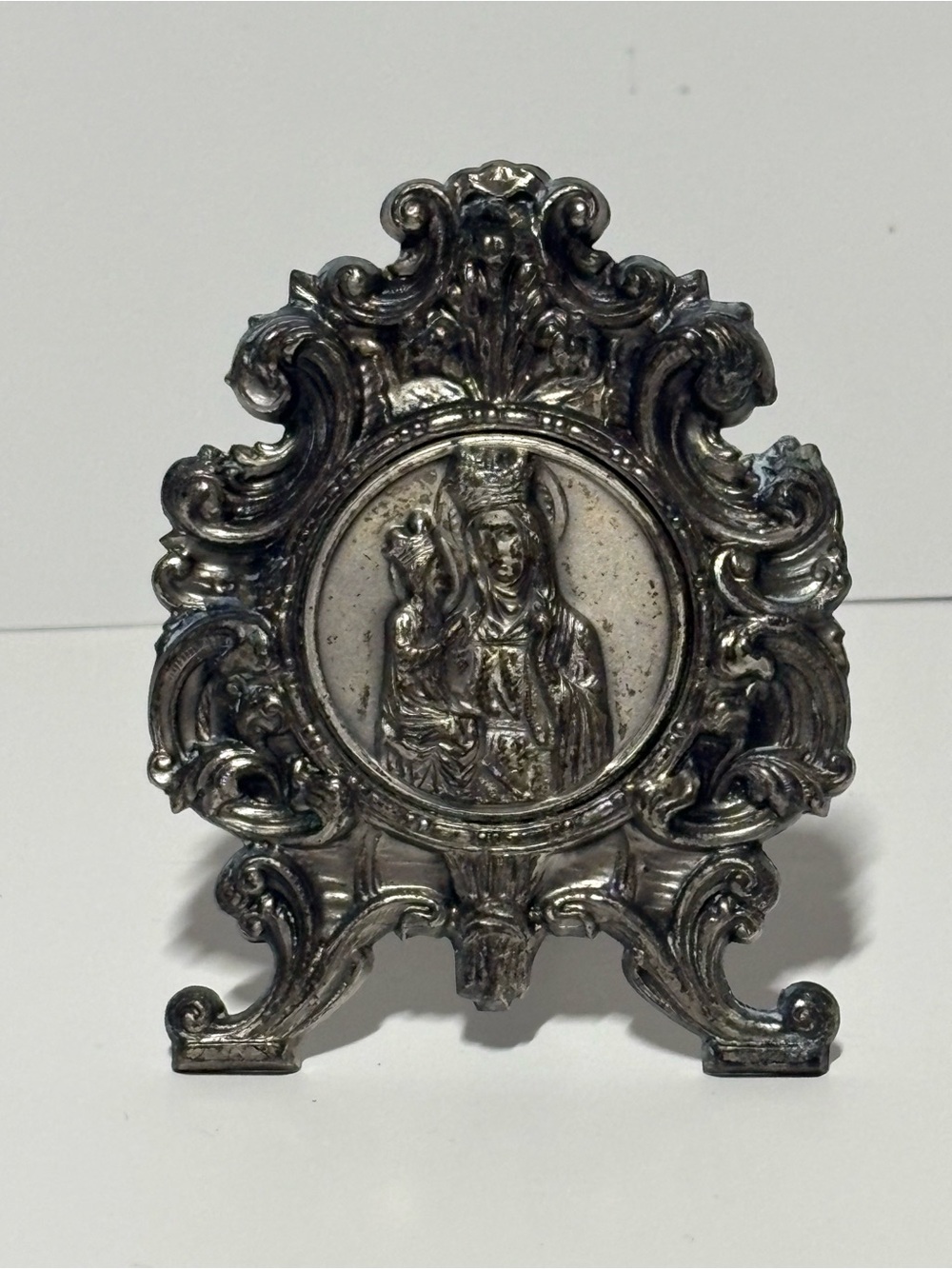 Antique Rococo Metal Madonna & Child Miniature Easel Plaque - Virgin Mary 2.5"